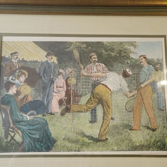 RARE Antique 1878 “Lawn Tennis” Hand Painted Engraving by CS Reinhart 25"x 18.5" - Picture 6 of 13